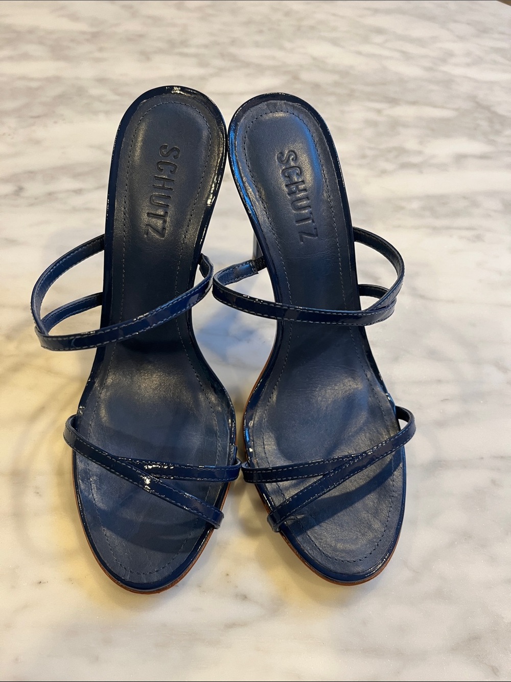 SCHUTZ Navy Patent Strappy Slide Heels, size 7